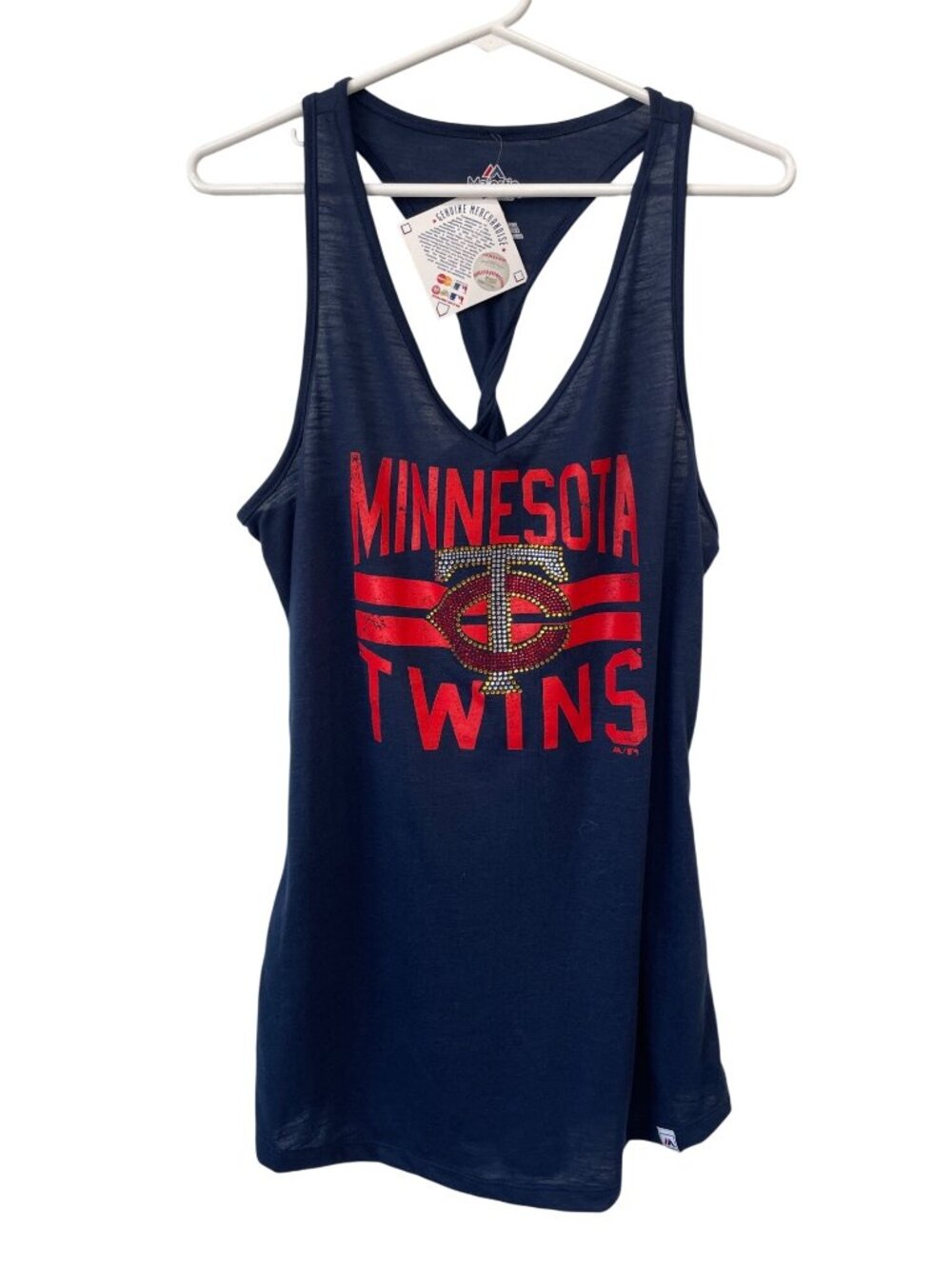 Majestic Tank Top Large Sleeveless Rhinestone Minnesota Twins Racerback Navy NEW